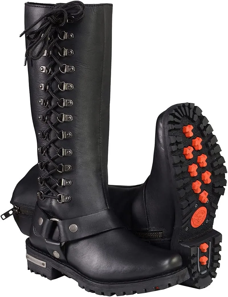 Milwaukee Leather MBL9365 Ladies Black 14 Inch Classic Harness Square Toe Leather Tall Boots with Lacing