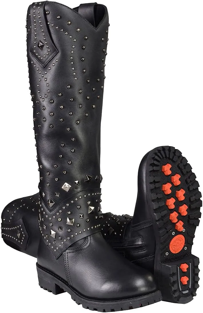 Milwaukee Leather MBL9371 Women's Black 18-Inch Leather Studded and Riveted Western Style Motorcycle Boots - 7.5