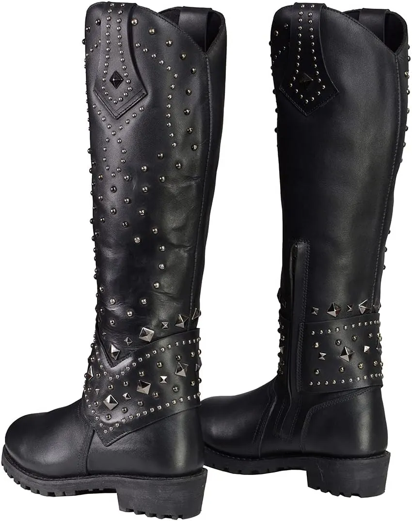 Milwaukee Leather MBL9371 Women's Black 18-Inch Leather Studded and Riveted Western Style Motorcycle Boots - 7.5