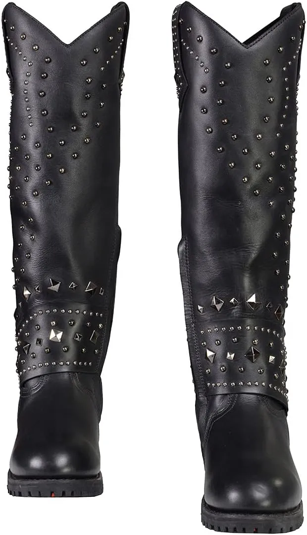 Milwaukee Leather MBL9371 Women's Black 18-Inch Leather Studded and Riveted Western Style Motorcycle Boots - 7.5