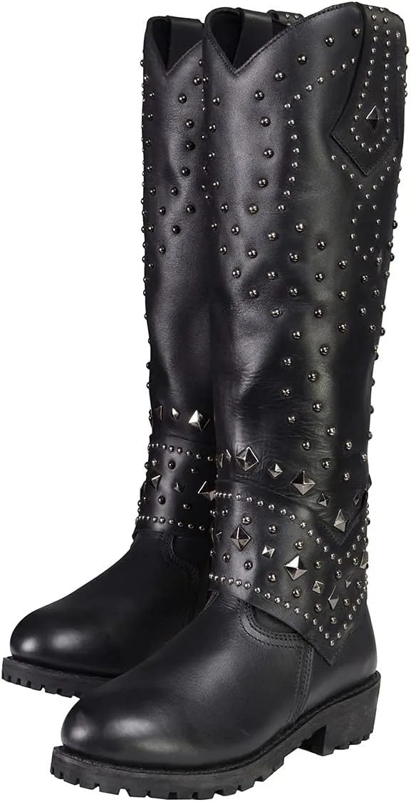 Milwaukee Leather MBL9371 Women's Black 18-Inch Leather Studded and Riveted Western Style Motorcycle Boots - 7.5