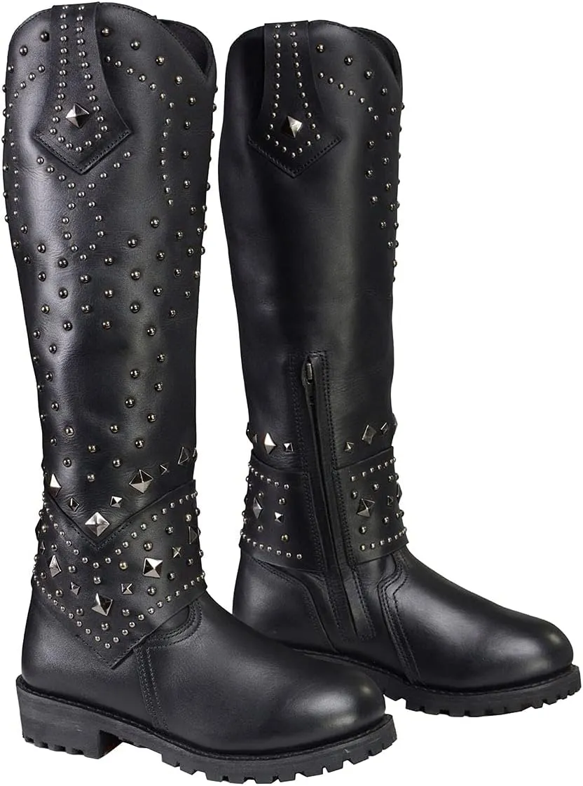 Milwaukee Leather MBL9371 Women's Black 18-Inch Leather Studded and Riveted Western Style Motorcycle Boots - 7.5