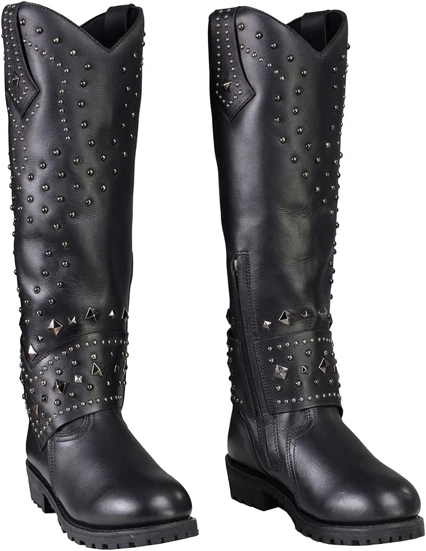 Milwaukee Leather MBL9371 Women's Black 18-Inch Leather Studded and Riveted Western Style Motorcycle Boots - 7.5