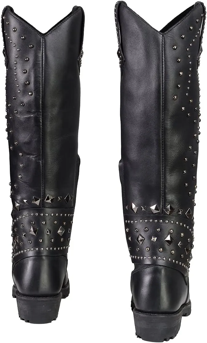 Milwaukee Leather MBL9371 Women's Black 18-Inch Leather Studded and Riveted Western Style Motorcycle Boots - 7.5