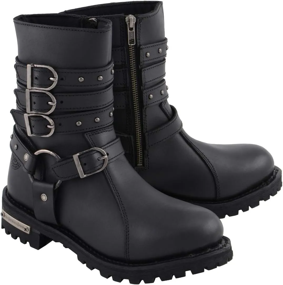 Milwaukee Leather MBL9399 Women's 9-Inch Triple Buckle Black Leather Harness Biker Boots w/Side Zipper