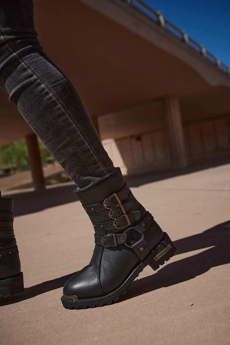 Milwaukee Leather MBL9399 Women's 9-Inch Triple Buckle Black Leather Harness Biker Boots w/Side Zipper