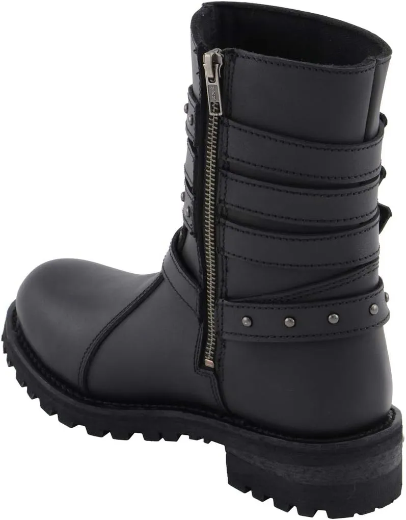Milwaukee Leather MBL9399 Women's 9-Inch Triple Buckle Black Leather Harness Biker Boots w/Side Zipper