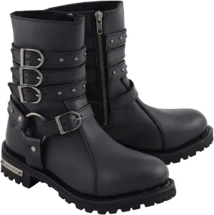 Milwaukee Leather MBL9399 Women's 9-Inch Triple Buckle Black Leather Harness Biker Boots w/Side Zipper