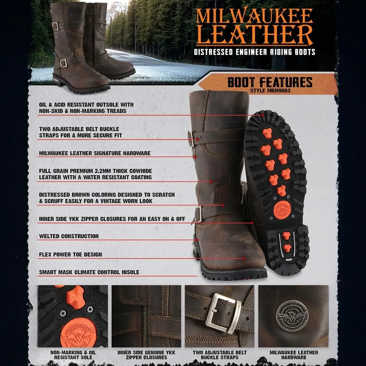 Milwaukee Leather MBM9063 Men's Classic Distressed Brown Leather Motorcycle Engineer Riding Biker Boots - 15