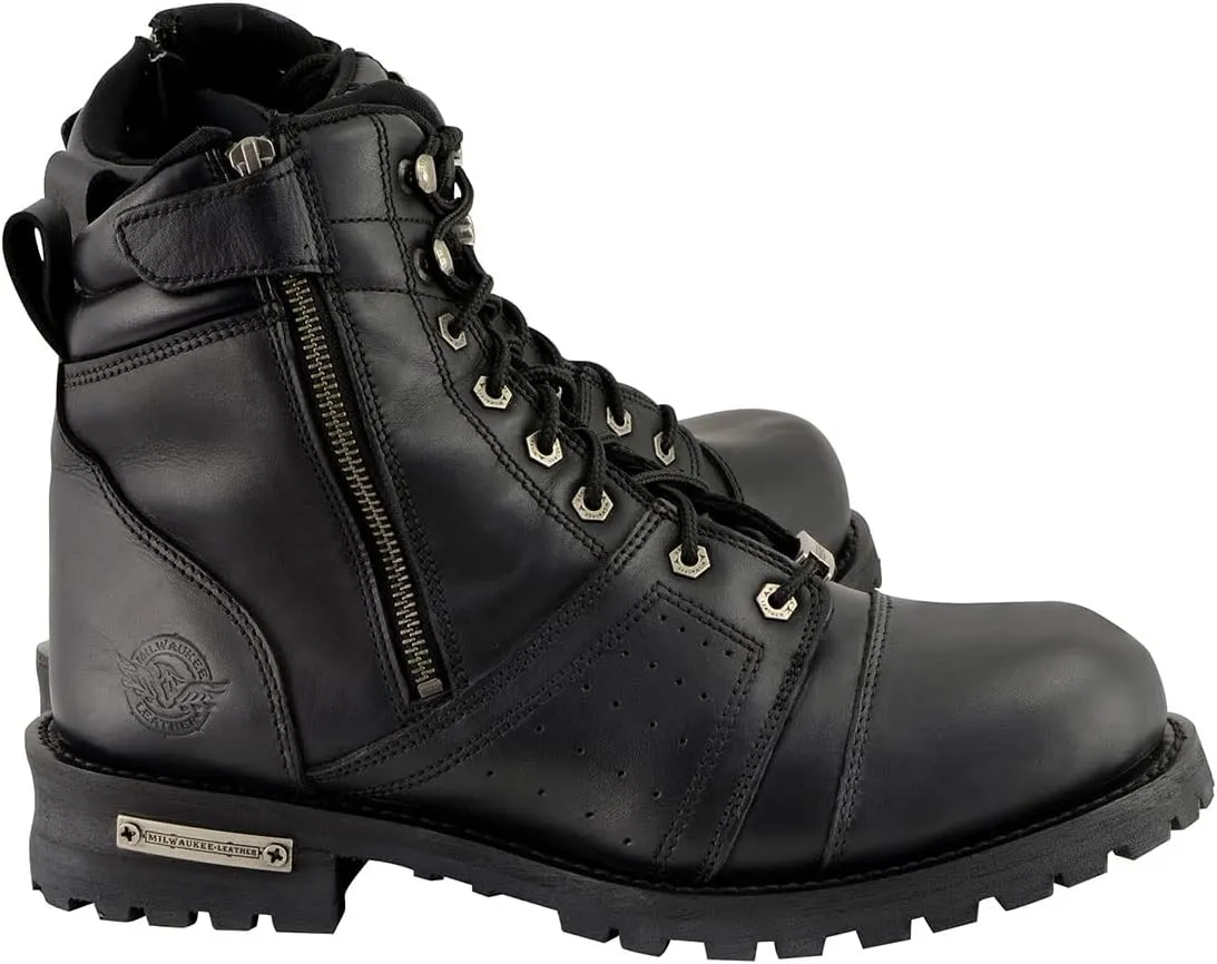 Milwaukee Leather Men's Black Lace-Up Motorcycle Riding Leather Boots with Side Zipper Entry MBM9000