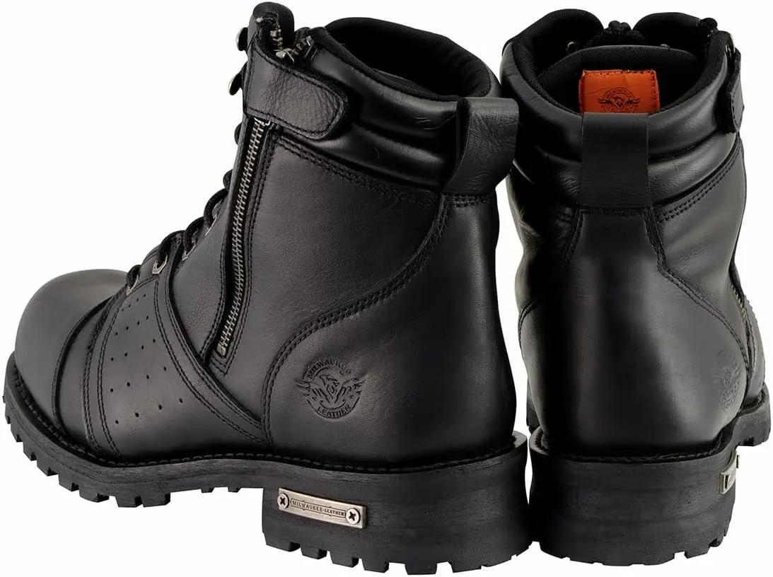 Milwaukee Leather Men's Black Lace-Up Motorcycle Riding Leather Boots with Side Zipper Entry MBM9000