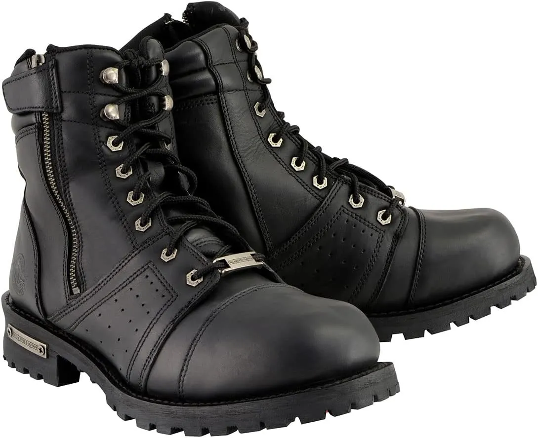 Milwaukee Leather Men's Black Lace-Up Motorcycle Riding Leather Boots with Side Zipper Entry MBM9000