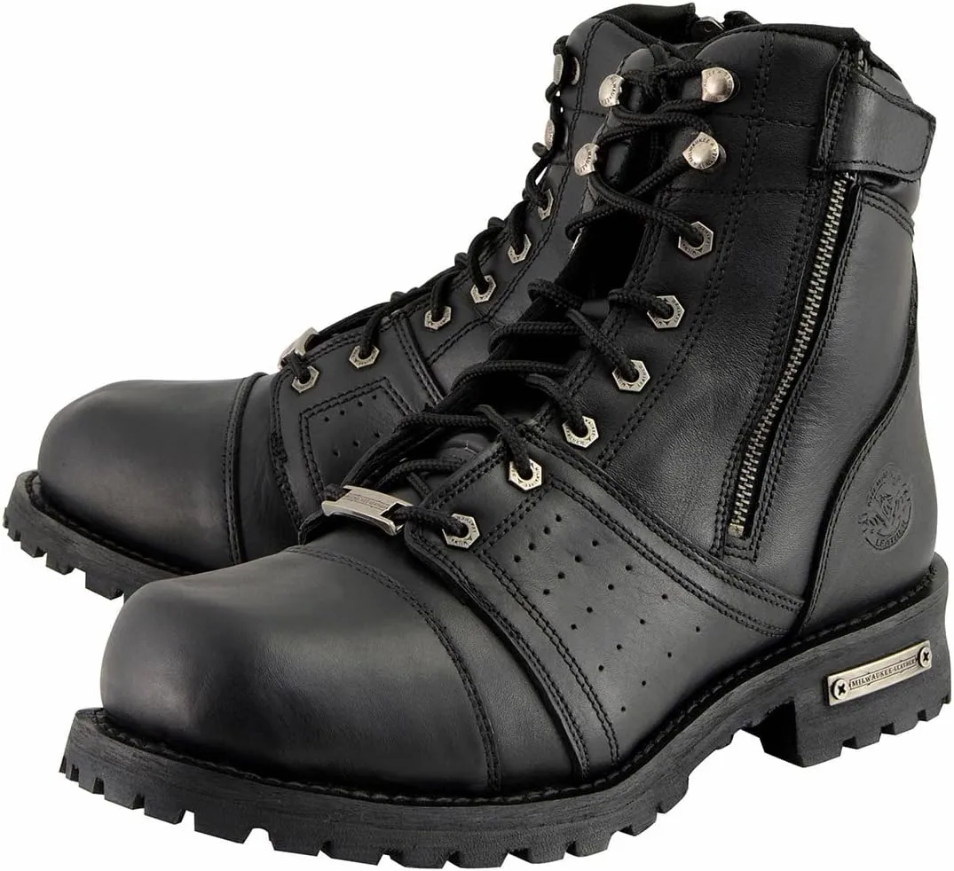 Milwaukee Leather Men's Black Lace-Up Motorcycle Riding Leather Boots with Side Zipper Entry MBM9000