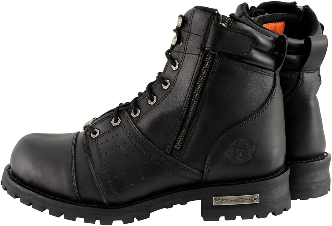 Milwaukee Leather Men's Black Lace-Up Motorcycle Riding Leather Boots with Side Zipper Entry MBM9000