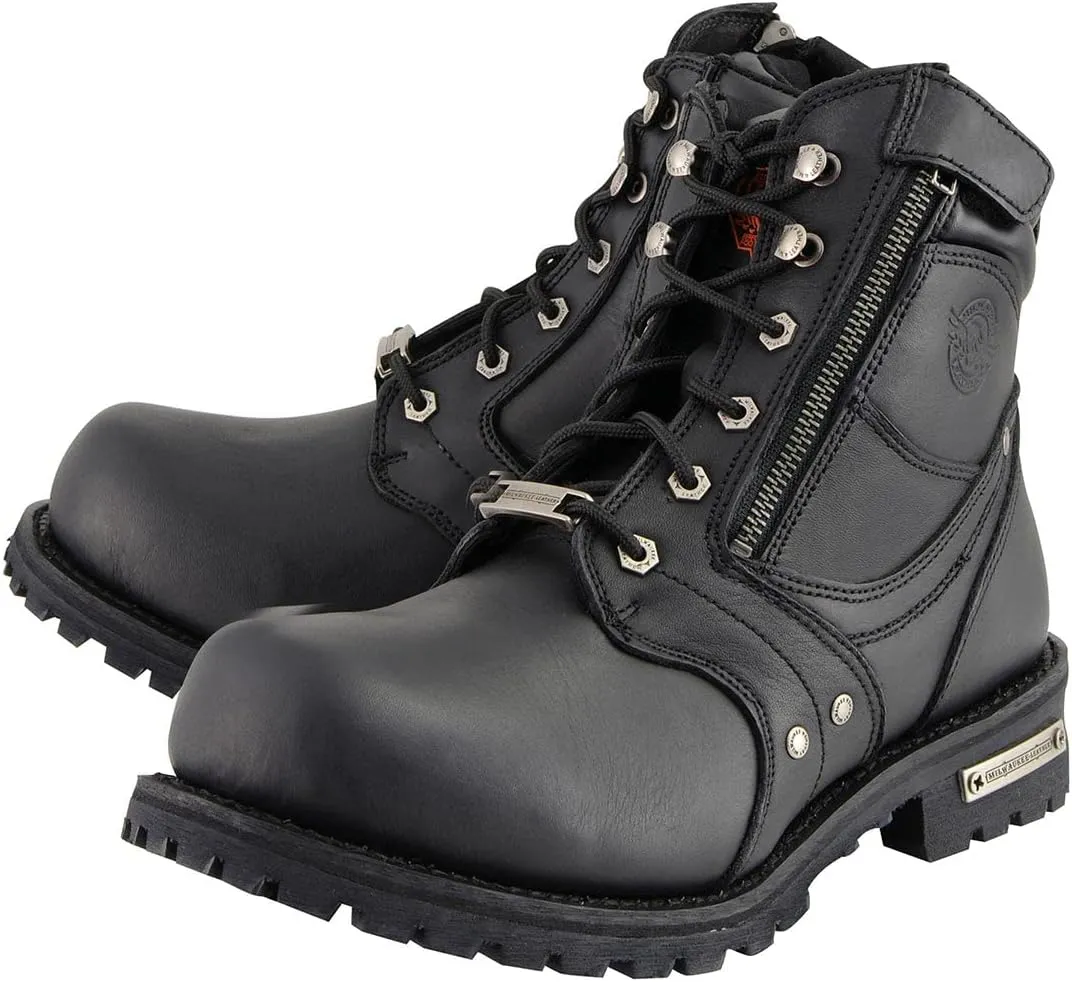 Milwaukee Leather Men's Black Leather 6-inch Lace-Up Motorcycle Biker Rider Boots w/Zipper Closure MBM9050