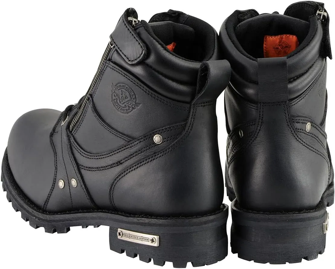 Milwaukee Leather Men's Black Leather 6-inch Lace-Up Motorcycle Biker Rider Boots w/Zipper Closure MBM9050