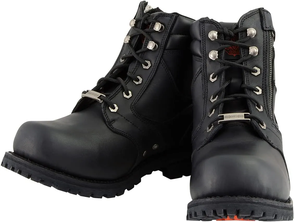 Milwaukee Leather Men's Black Leather 6-inch Lace-Up Motorcycle Biker Rider Boots w/Zipper Closure MBM9050