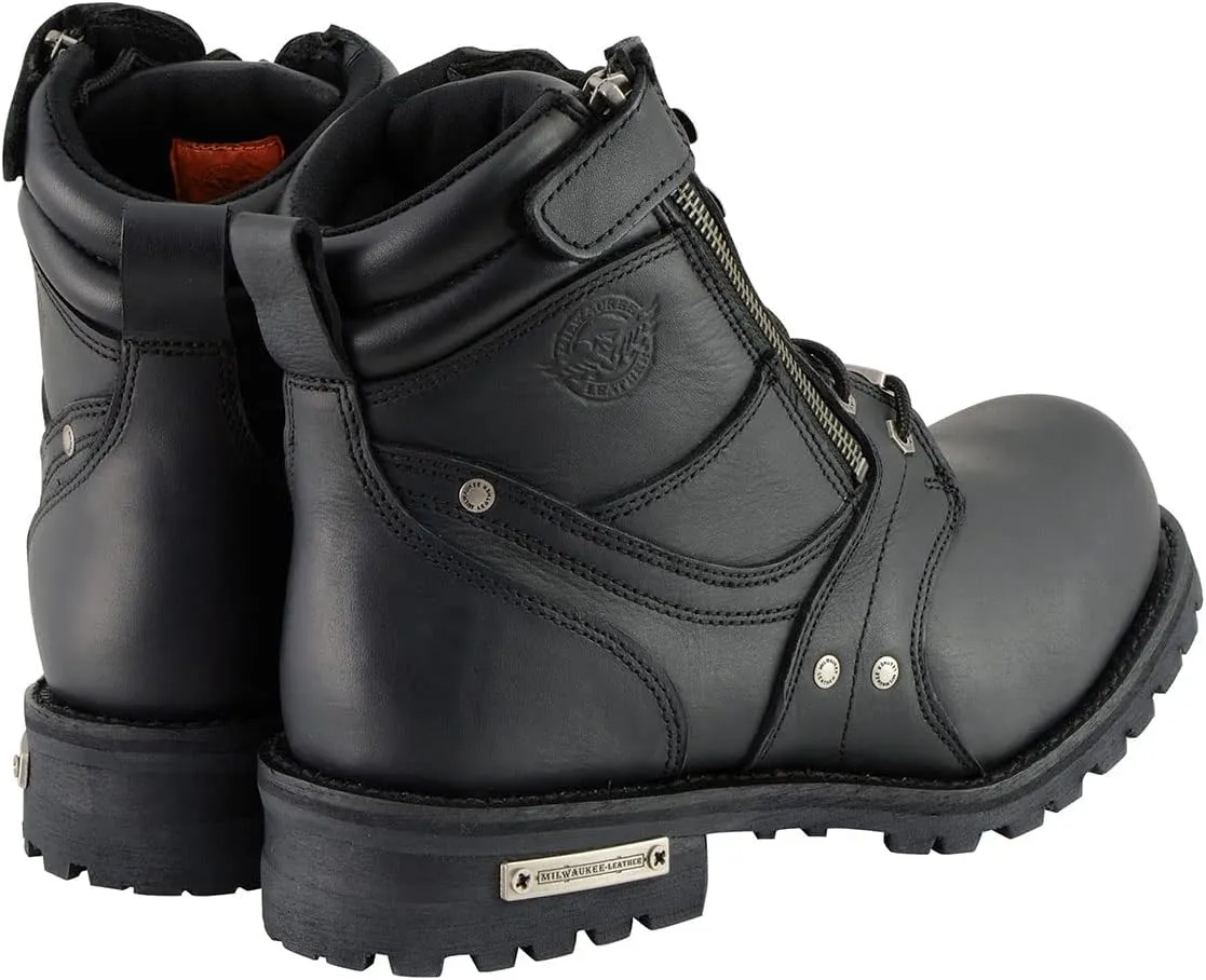 Milwaukee Leather Men's Black Leather 6-inch Lace-Up Motorcycle Biker Rider Boots w/Zipper Closure MBM9050