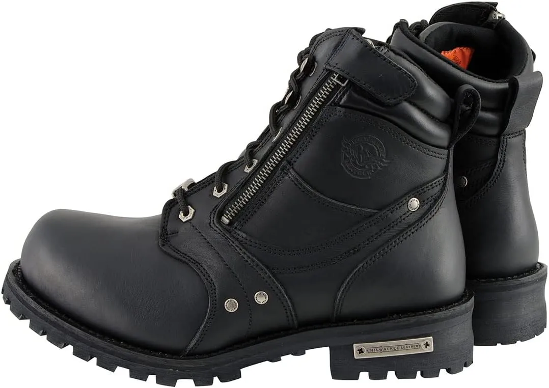 Milwaukee Leather Men's Black Leather 6-inch Lace-Up Motorcycle Biker Rider Boots w/Zipper Closure MBM9050