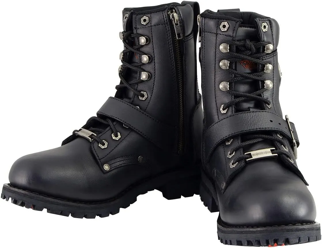 Milwaukee Leather Men's Black Leather Lace-Up Engineer Motorcycle Boots w/Buckles and Side Zipper MBM101-10.5