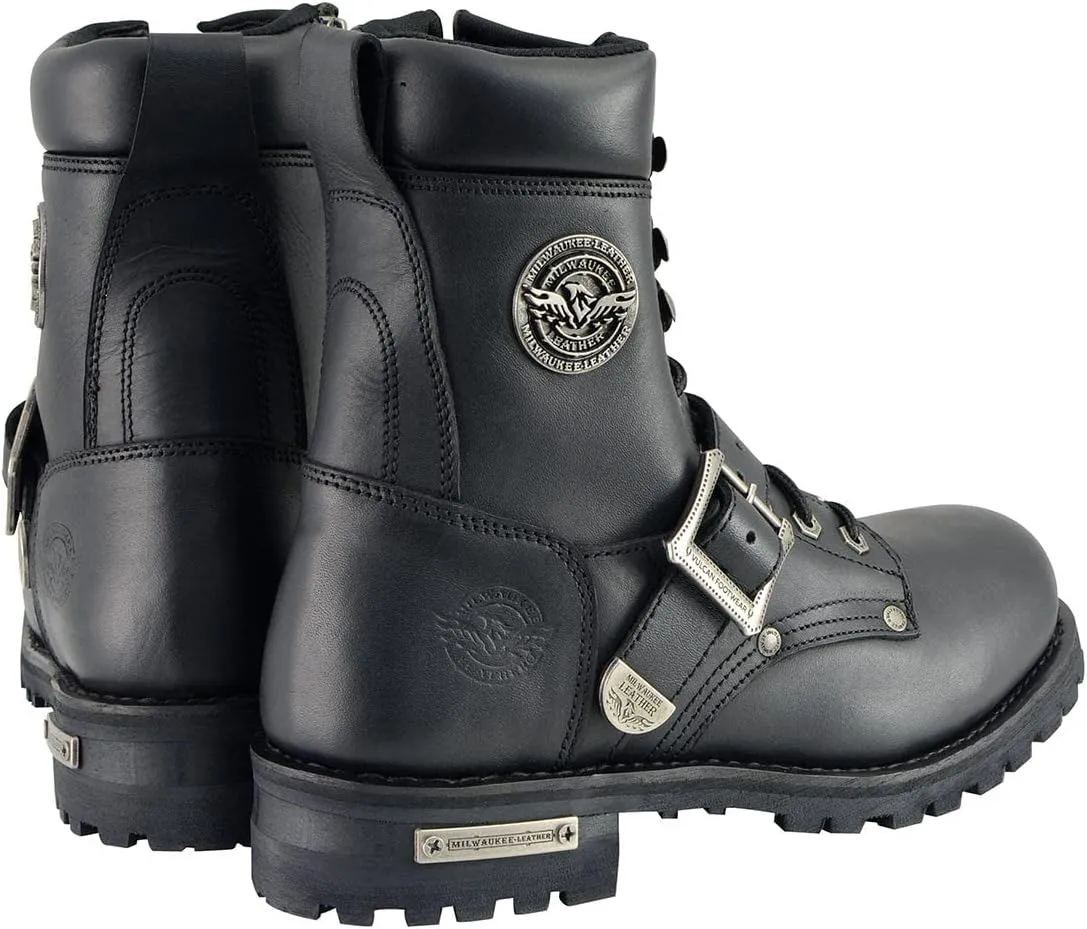 Milwaukee Leather Men's Black Leather Lace-Up Engineer Motorcycle Boots w/Buckles and Side Zipper MBM101-10.5