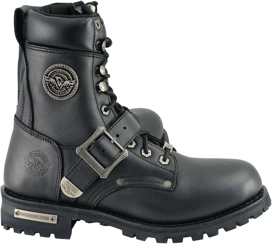 Milwaukee Leather Men's Black Leather Lace-Up Engineer Motorcycle Boots w/Buckles and Side Zipper MBM101-10.5