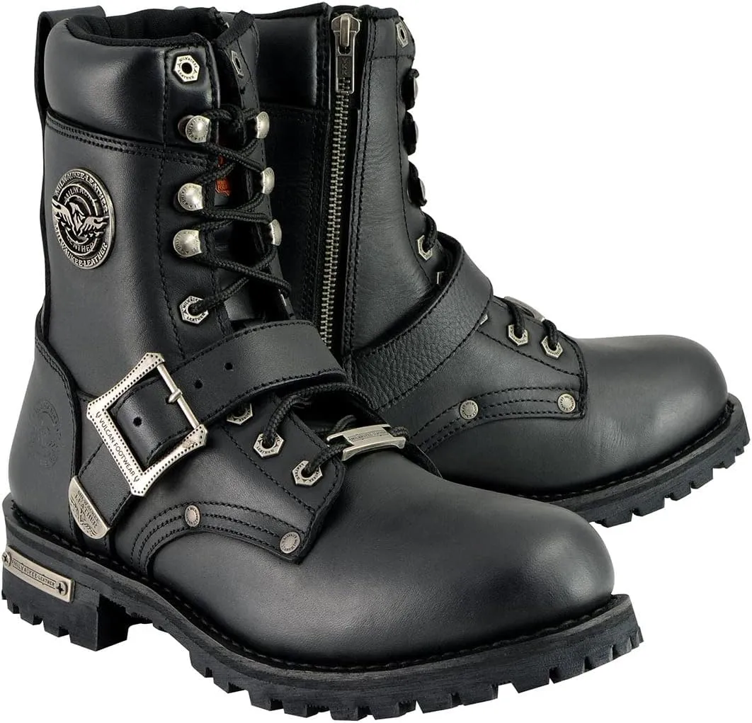 Milwaukee Leather Men's Black Leather Lace-Up Engineer Motorcycle Boots w/Buckles and Side Zipper MBM101-10.5