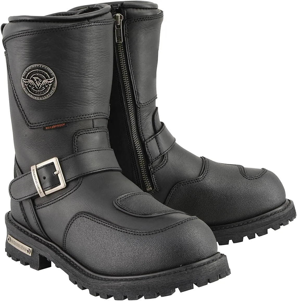 Milwaukee Leather Men's Black Wide Width 9-inch Waterproof Engineer Leather Biker Boots with Reflective Piping MBM9071WP