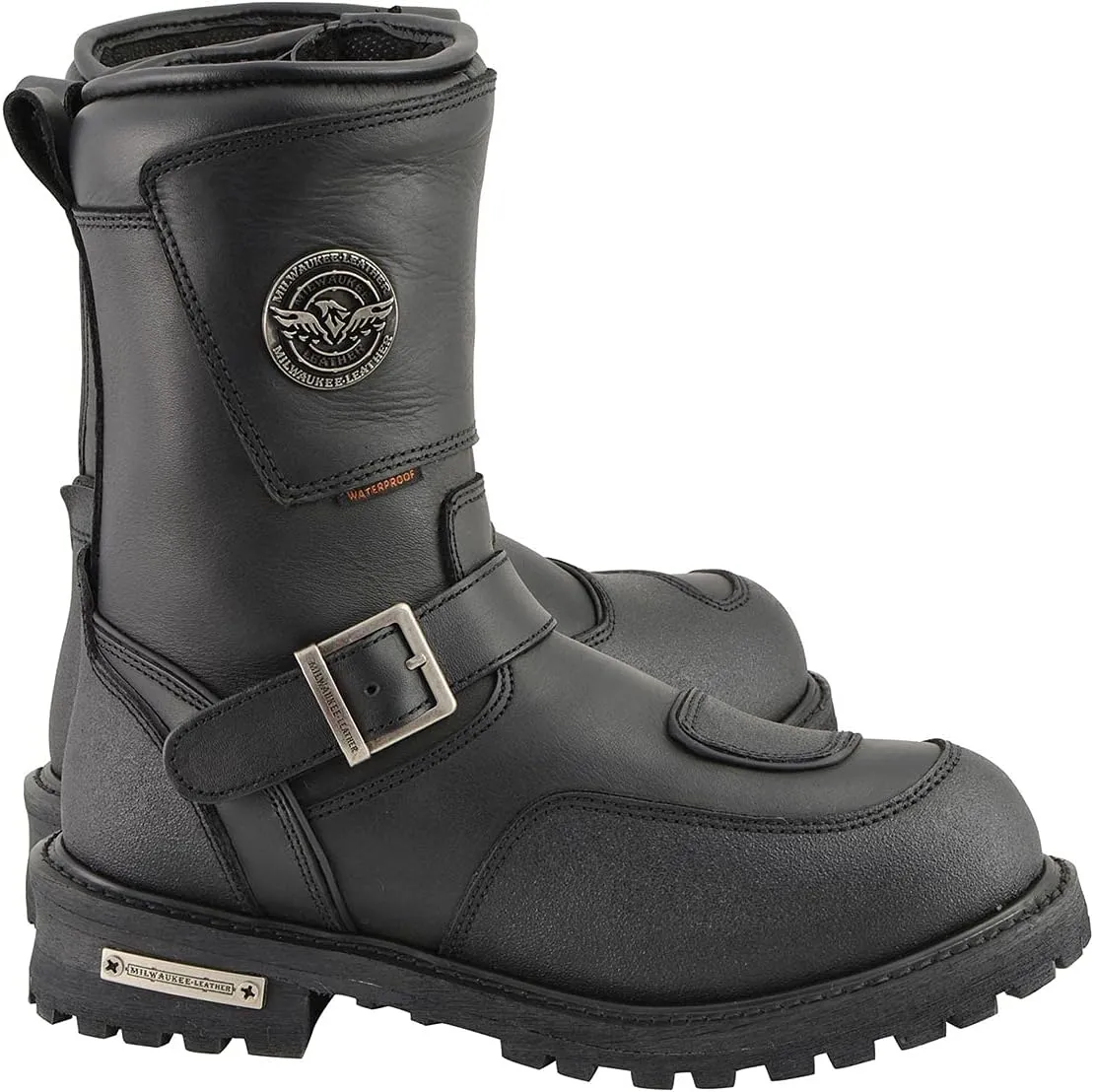 Milwaukee Leather Men's Black Wide Width 9-inch Waterproof Engineer Leather Biker Boots with Reflective Piping MBM9071WP