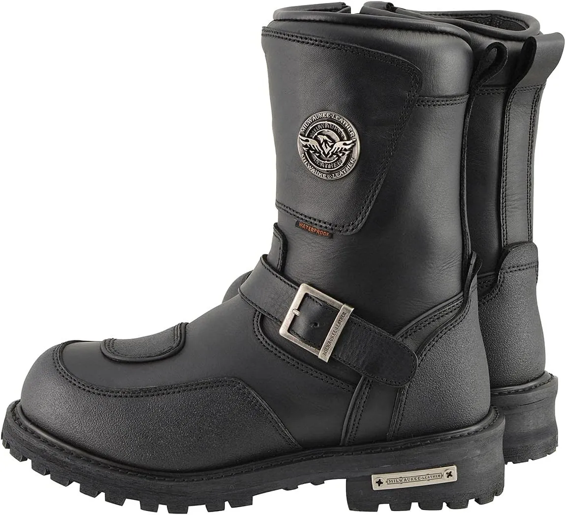 Milwaukee Leather Men's Black Wide Width 9-inch Waterproof Engineer Leather Biker Boots with Reflective Piping MBM9071WP