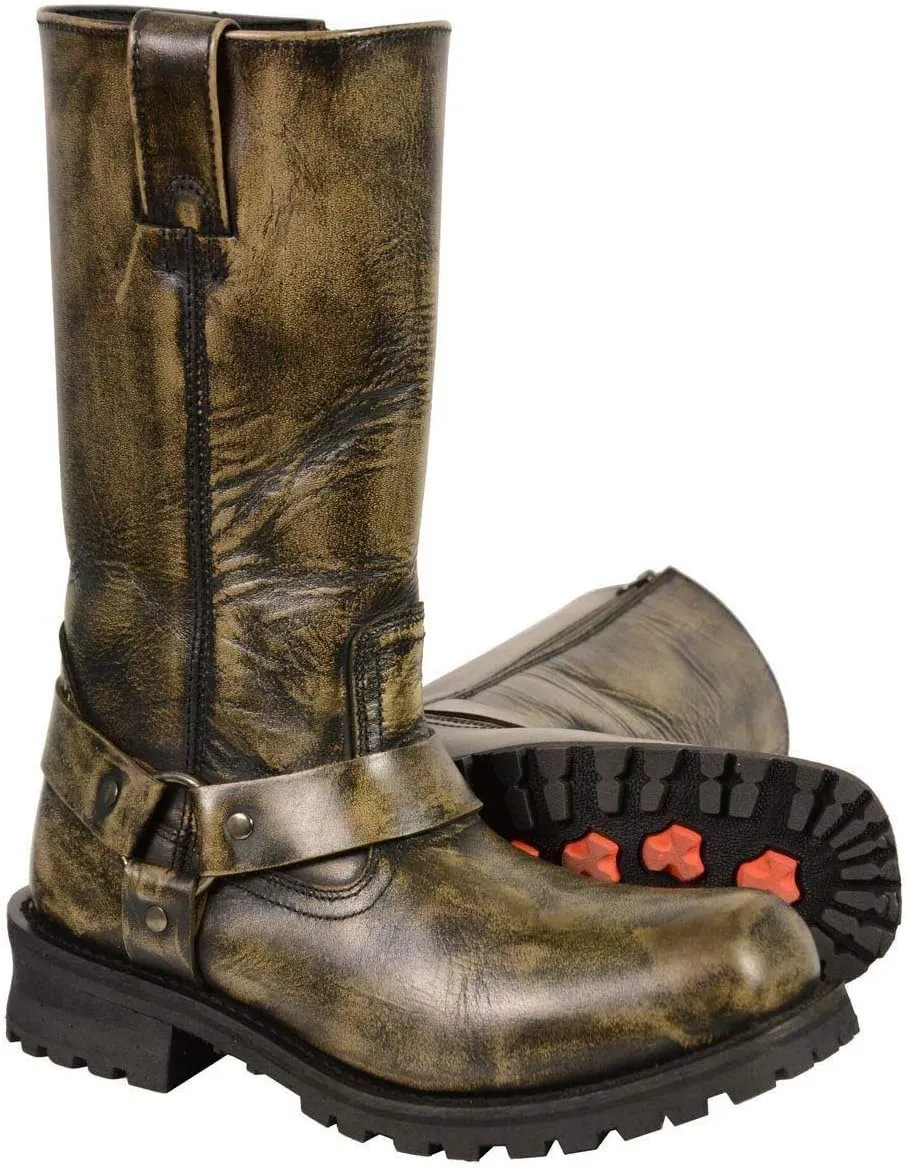 Milwaukee Leather Men's Distressed Brown Leather Wide Width 11-inch Square Toe Harness Motorcycle Boots MBM9005W