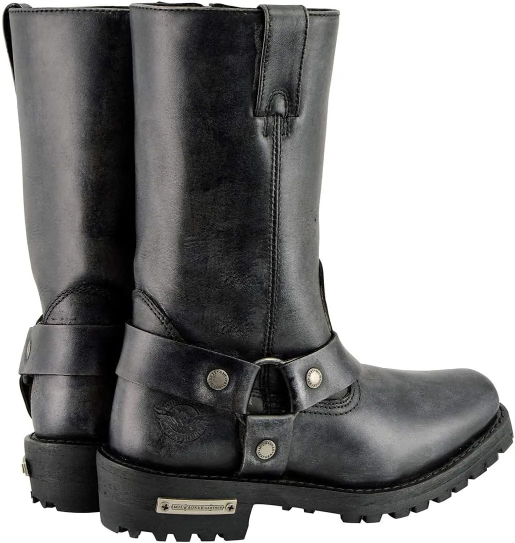 Milwaukee Leather Women's 11-Inch Distressed Grey Classic Harness Square Toe Leather Boots MBL9362-9.5