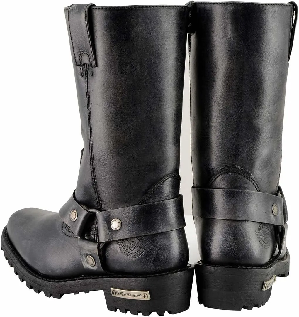 Milwaukee Leather Women's 11-Inch Distressed Grey Classic Harness Square Toe Leather Boots MBL9362-9.5