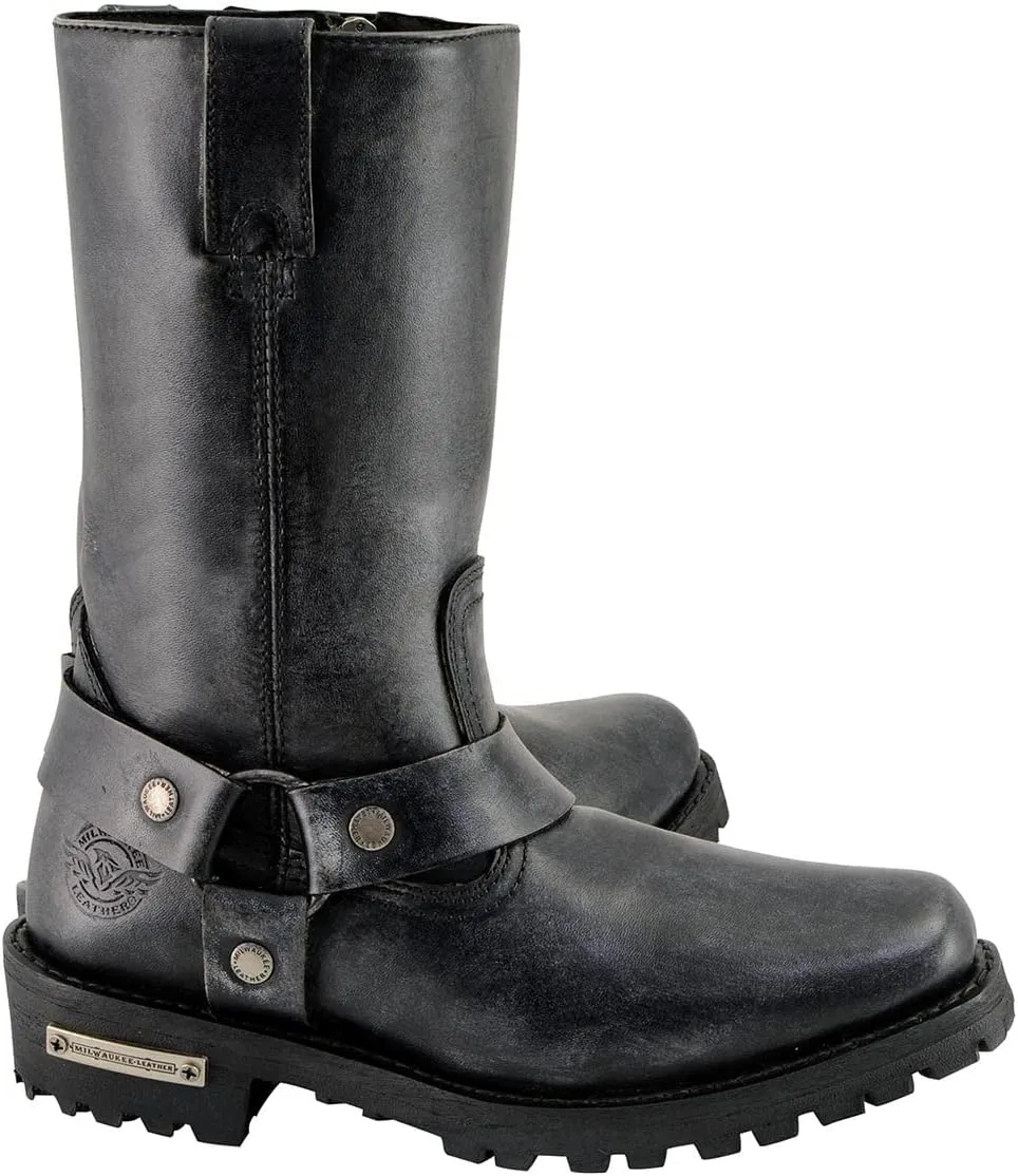 Milwaukee Leather Women's 11-Inch Distressed Grey Classic Harness Square Toe Leather Boots MBL9362-9.5