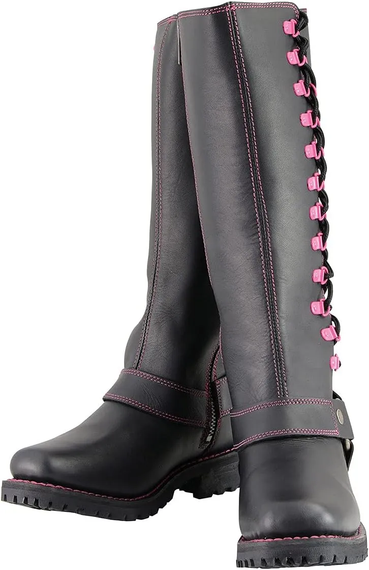 Milwaukee Leather Women's Black 14-inch Leather Harness Motorcycle Boots with Purple Accent Lacing MBL9366