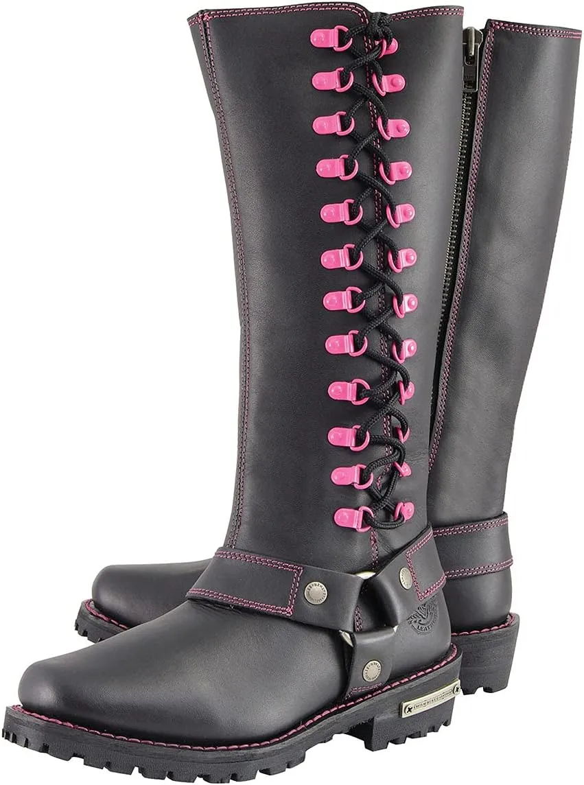Milwaukee Leather Women's Black 14-inch Leather Harness Motorcycle Boots with Purple Accent Lacing MBL9366