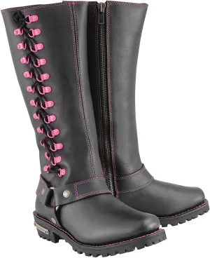 Milwaukee Leather Women's Black 14-inch Leather Harness Motorcycle Boots with Purple Accent Lacing MBL9366