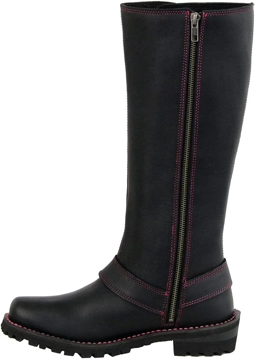 Milwaukee Leather Women's Black 14-inch Leather Harness Motorcycle Boots with Purple Accent Lacing MBL9366