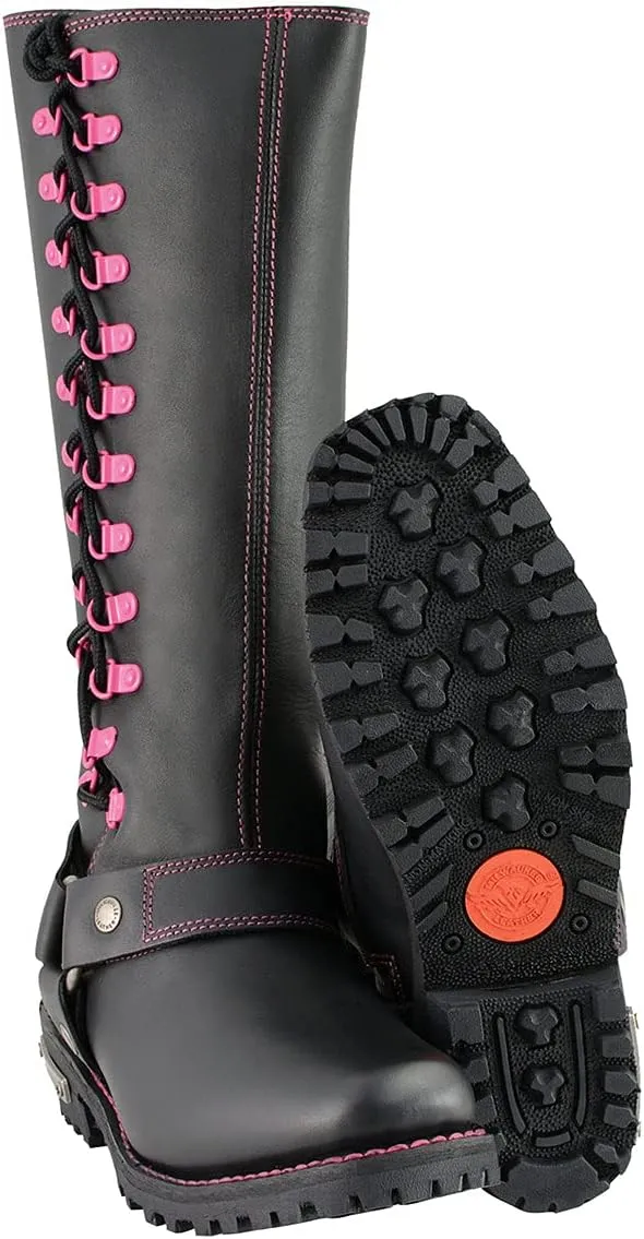 Milwaukee Leather Women's Black 14-inch Leather Harness Motorcycle Boots with Purple Accent Lacing MBL9366