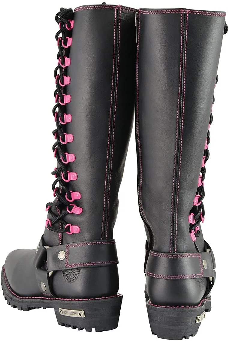 Milwaukee Leather Women's Black 14-inch Leather Harness Motorcycle Boots with Purple Accent Lacing MBL9366