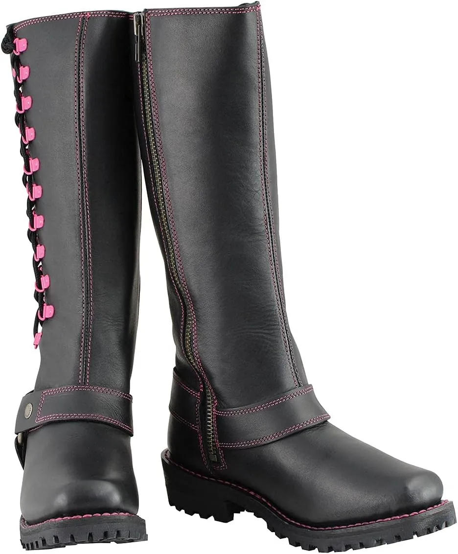 Milwaukee Leather Women's Black 14-inch Leather Harness Motorcycle Boots with Purple Accent Lacing MBL9366