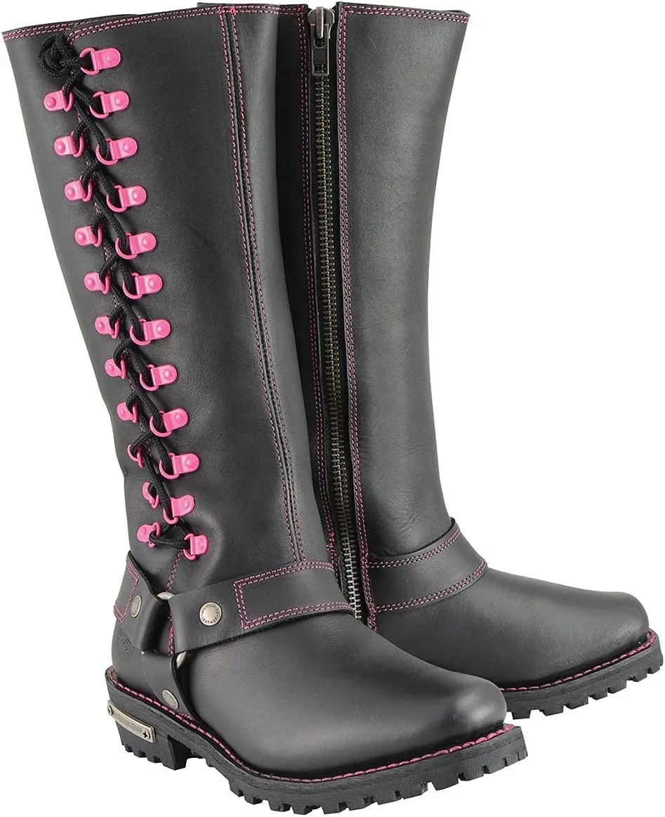 Milwaukee Leather Women's Black 14-inch Leather Harness Motorcycle Boots with Purple Accent Lacing MBL9366