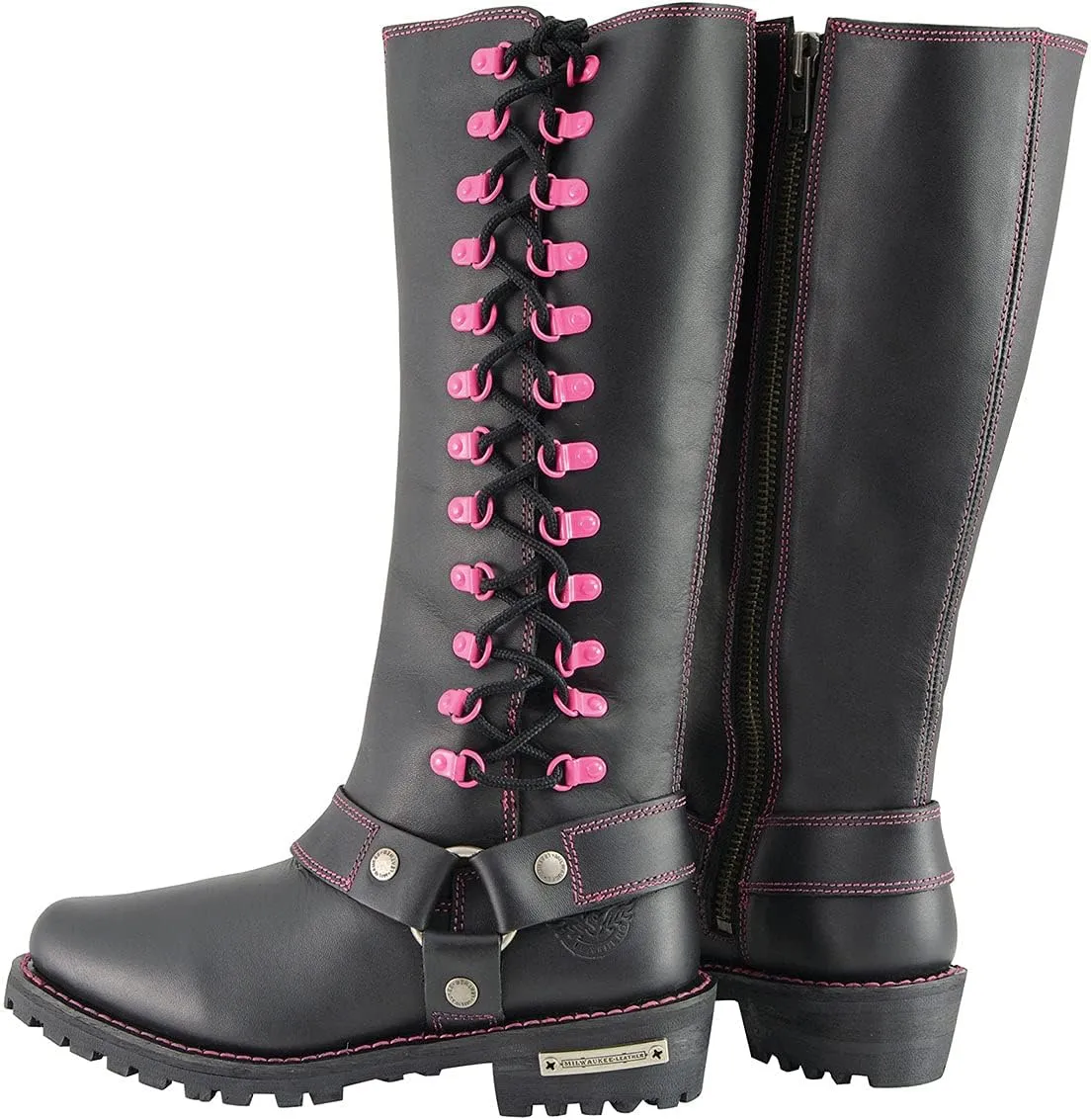 Milwaukee Leather Women's Black 14-inch Leather Harness Motorcycle Boots with Purple Accent Lacing MBL9366