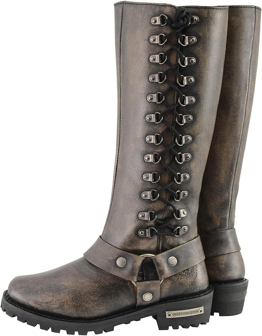Milwaukee Leather Women's Distressed Brown Leather 14-inch Classic Harness Square Toe Motorcycle Rider Boots MBL9368-8