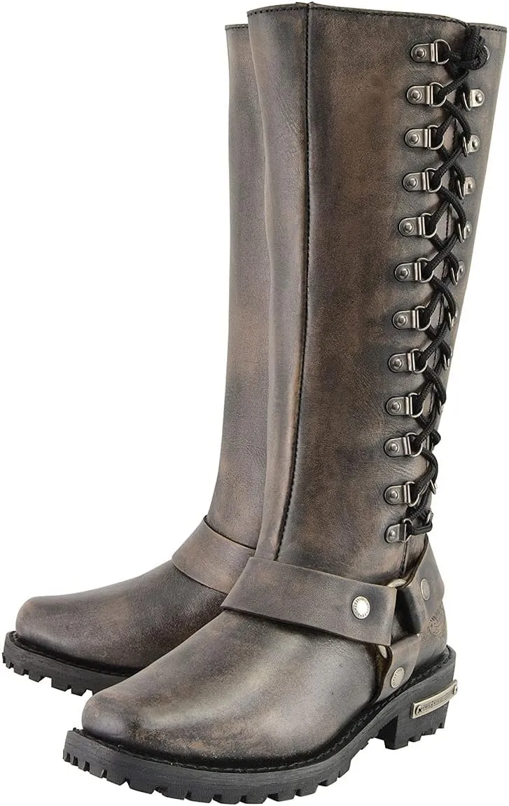 Milwaukee Leather Women's Distressed Brown Leather 14-inch Classic Harness Square Toe Motorcycle Rider Boots MBL9368-8