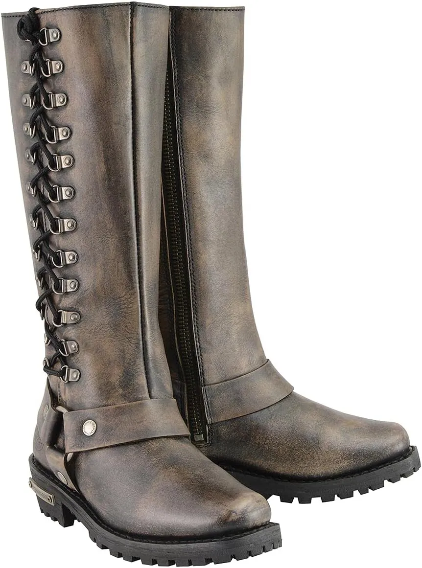 Milwaukee Leather Women's Distressed Brown Leather 14-inch Classic Harness Square Toe Motorcycle Rider Boots MBL9368-8