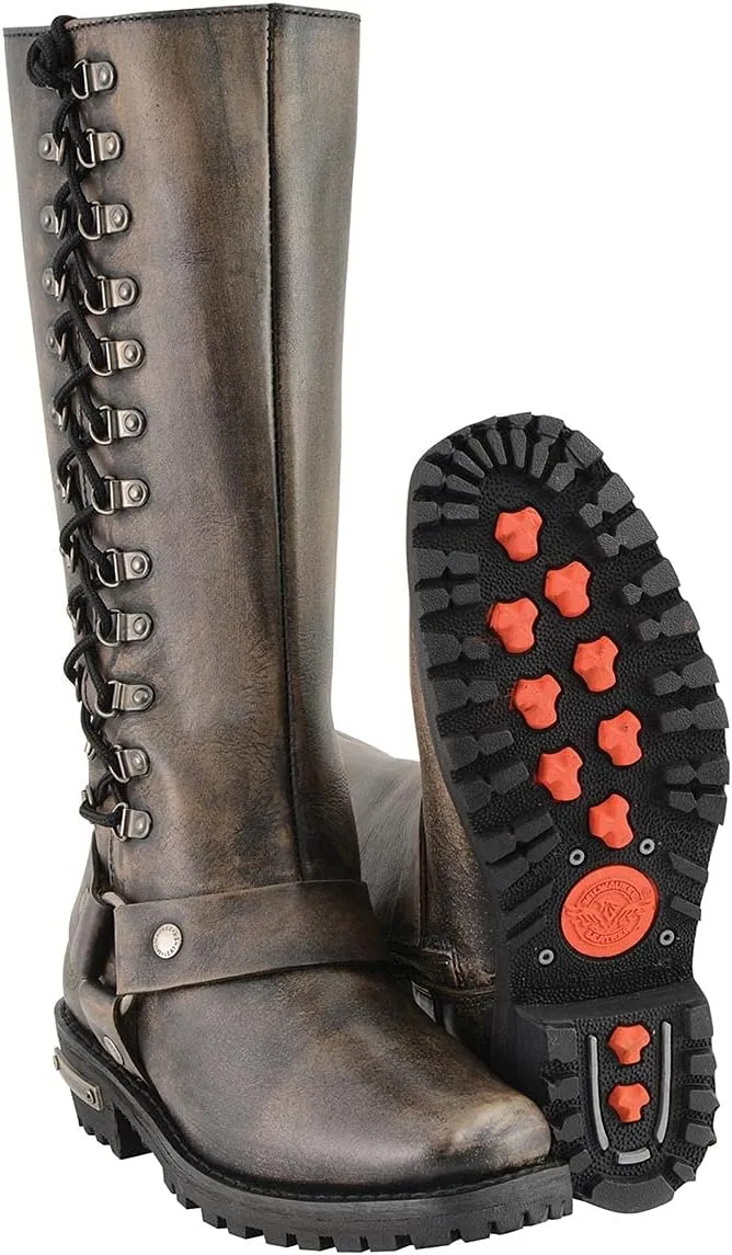 Milwaukee Leather Women's Distressed Brown Leather 14-inch Classic Harness Square Toe Motorcycle Rider Boots MBL9368-8