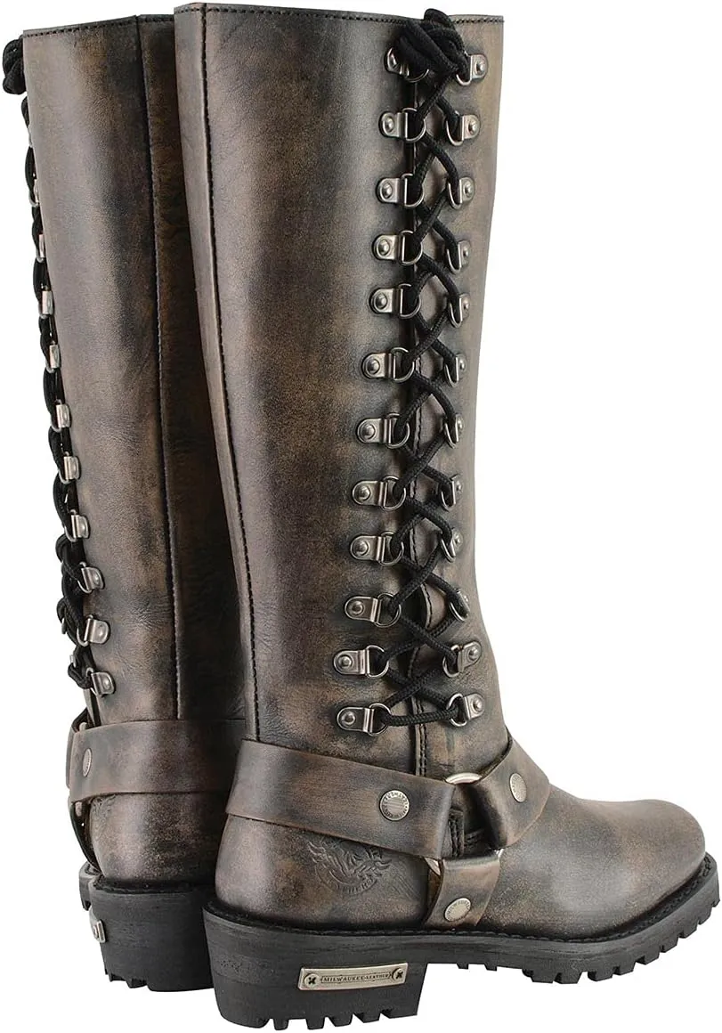 Milwaukee Leather Women's Distressed Brown Leather 14-inch Classic Harness Square Toe Motorcycle Rider Boots MBL9368-8