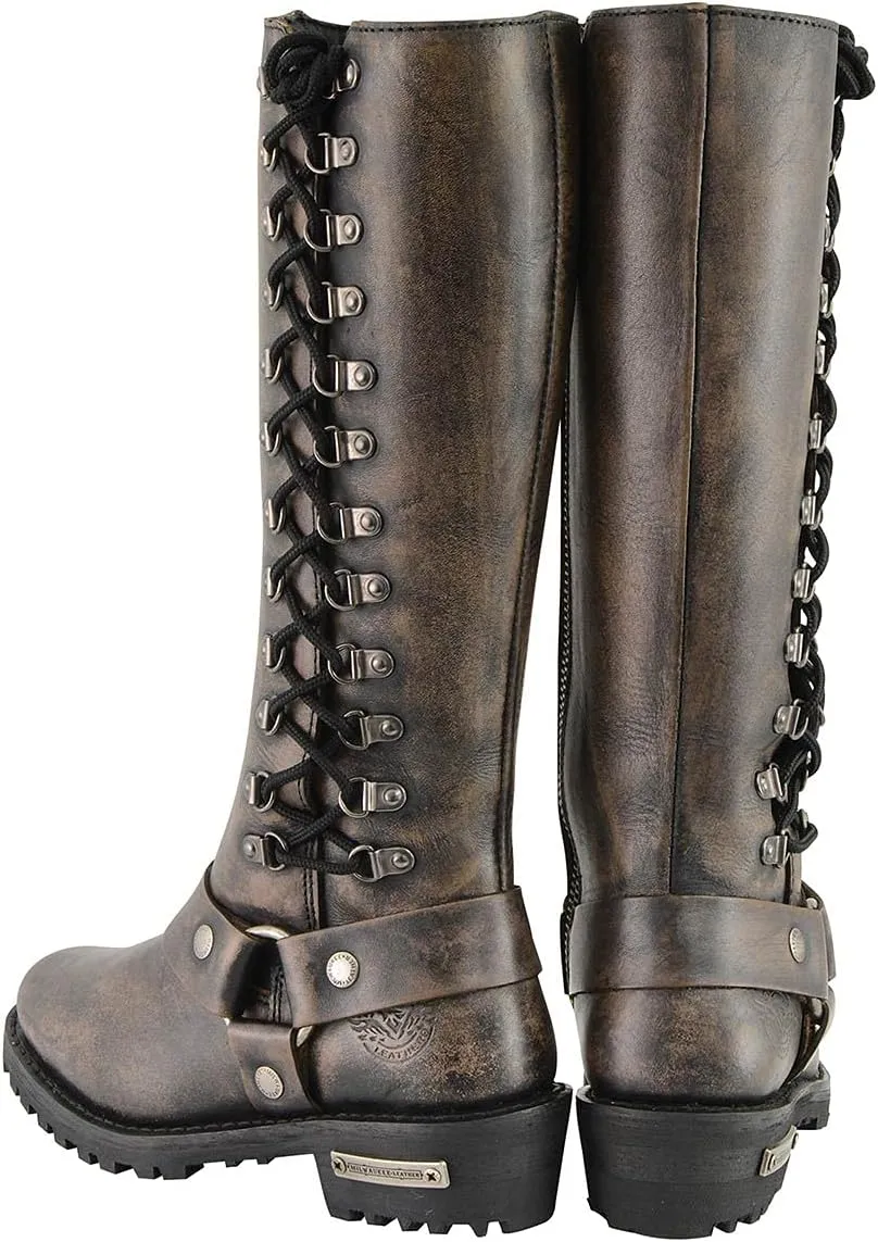 Milwaukee Leather Women's Distressed Brown Leather 14-inch Classic Harness Square Toe Motorcycle Rider Boots MBL9368-8