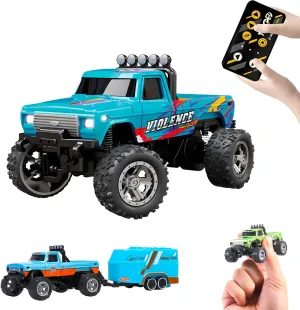 Mini Monster Truck, 1:64 Scale Remote Control Car with Lights, 2.4GHz Off-Road RC Truck, USB Rechargeable RC Car with Adjustable Speed for Kids Indoor & Outdoor Racing (Blue)